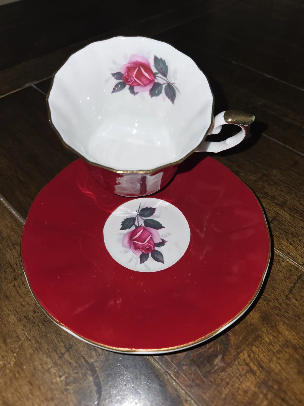 Fine Porcelain Tea Cup & Saucer in Red with Pink Rose